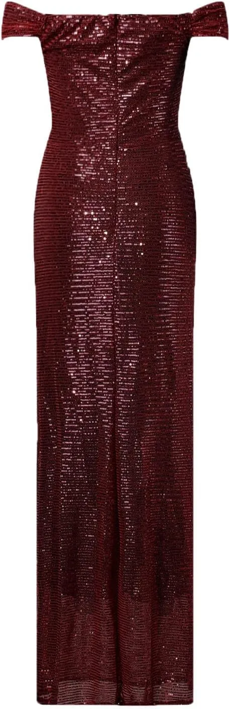 Women Sparkly Slit Dress Elegant Off Shoulder Sequin Long Dress Glitter Cocktail Party Gowns Evening Maxi Dress