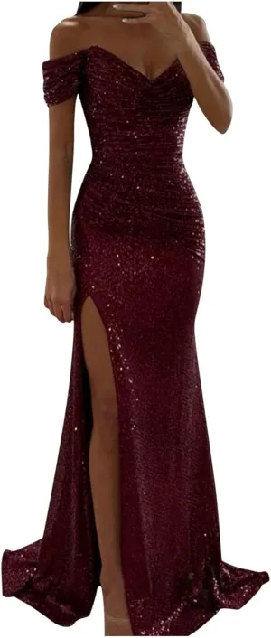 Women Sparkly Slit Dress Elegant Off Shoulder Sequin Long Dress Glitter Cocktail Party Gowns Evening Maxi Dress