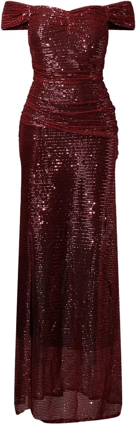 Women Sparkly Slit Dress Elegant Off Shoulder Sequin Long Dress Glitter Cocktail Party Gowns Evening Maxi Dress