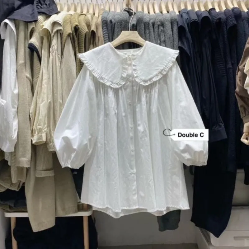 Women Spring New Plaid Peter Pan Collar Ruffles Loose Blouse - WSB8545