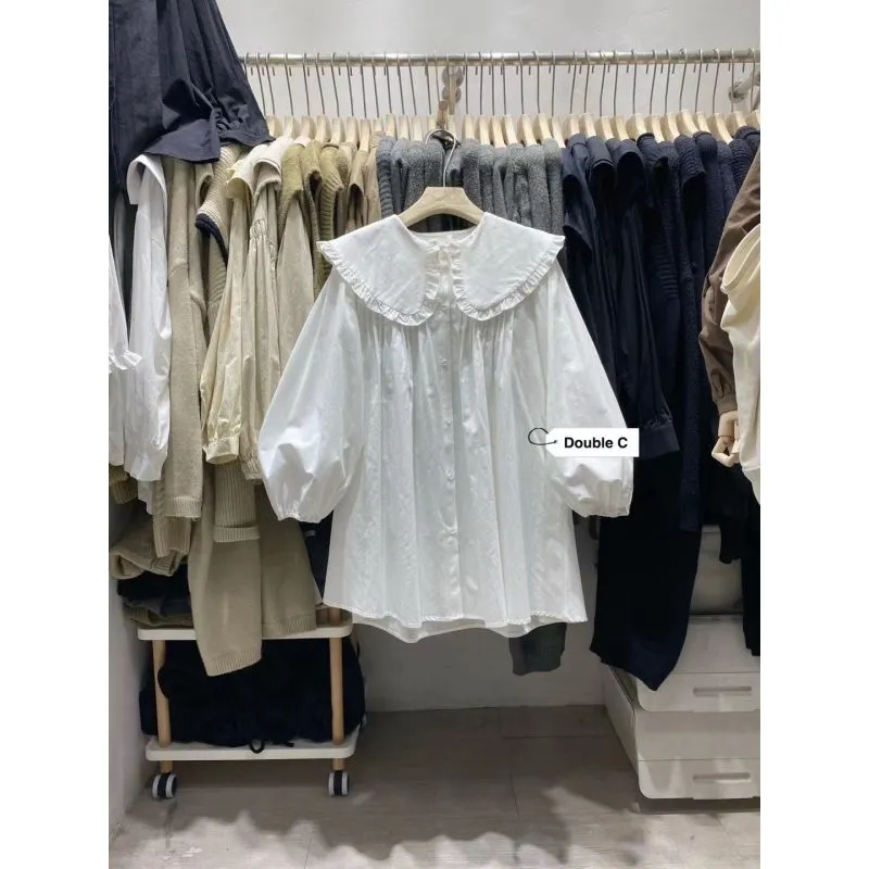Women Spring New Plaid Peter Pan Collar Ruffles Loose Blouse - WSB8545