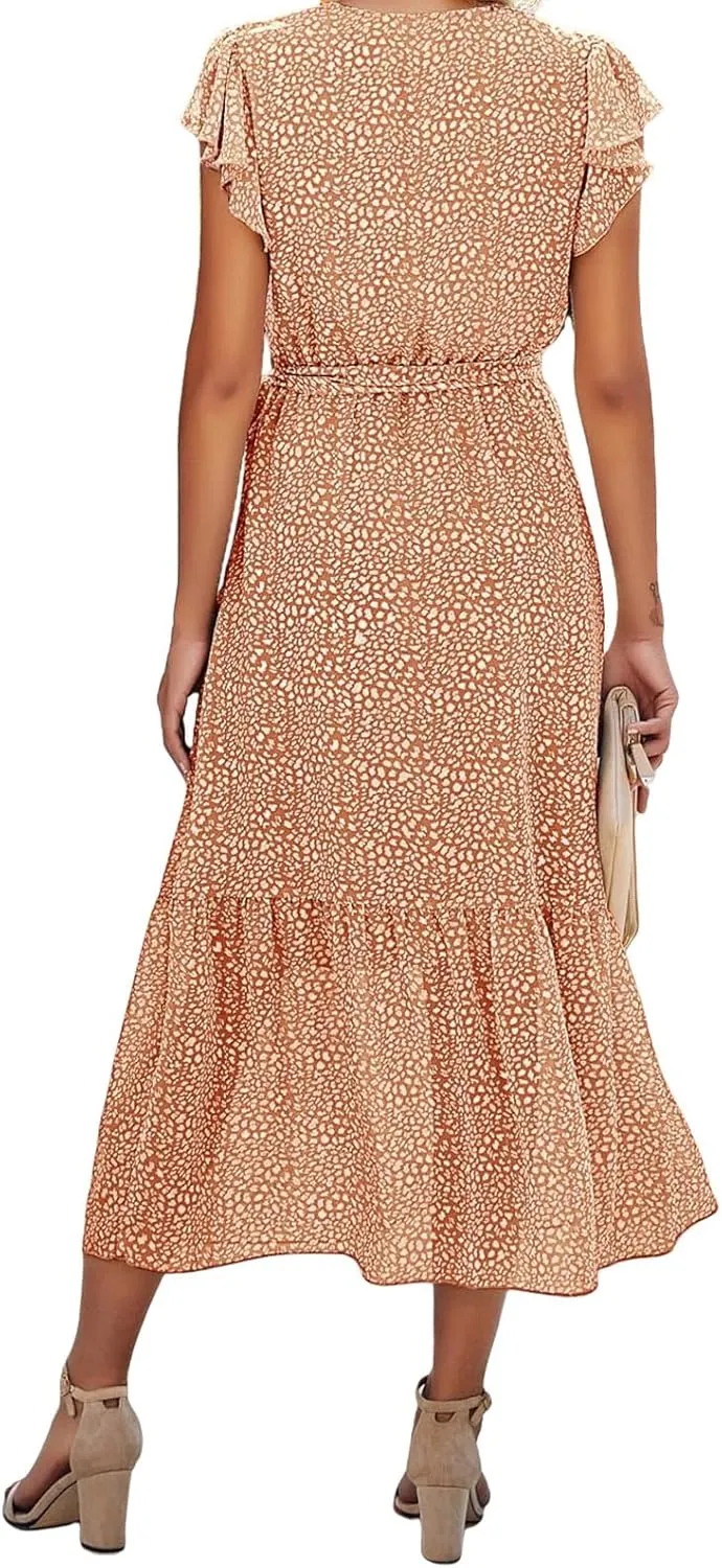 Womens Boho Dresses Summer Lightweight V Neck Ruffle Short Midi Dress Flowy Lace Up Tunic Floral Ruffle Hem Dresses