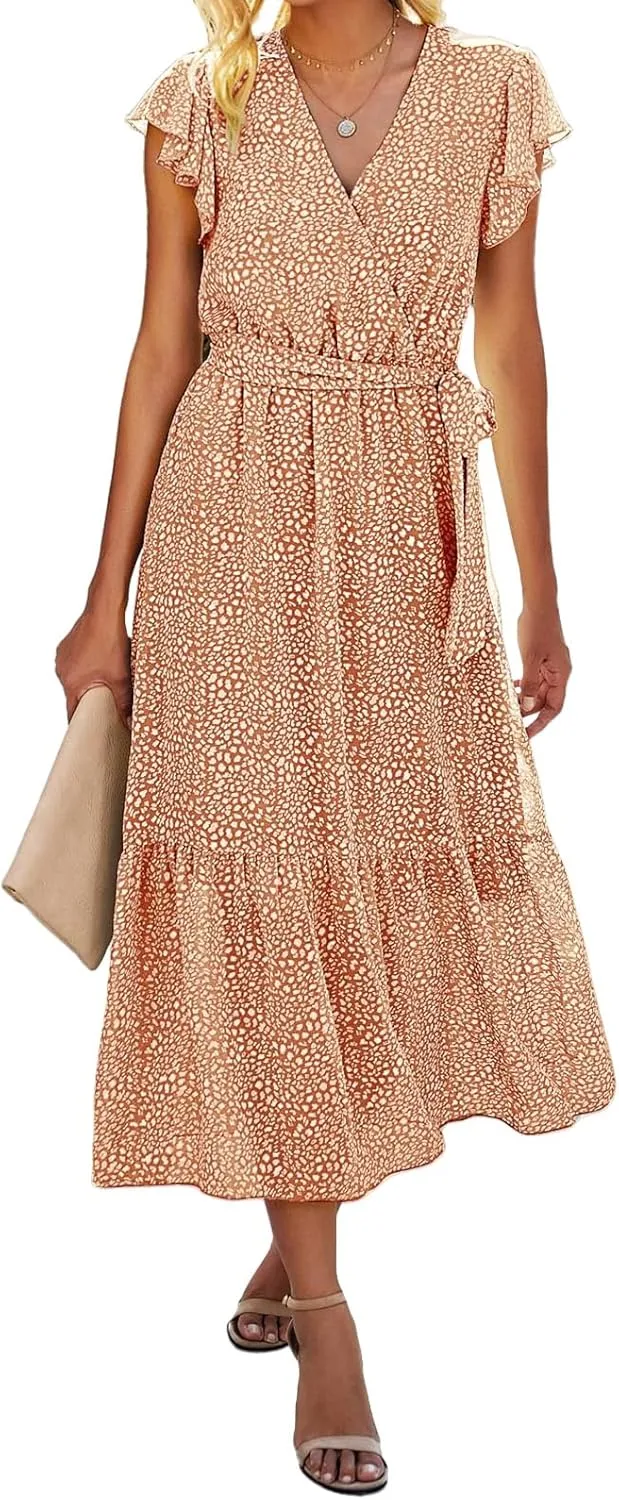 Womens Boho Dresses Summer Lightweight V Neck Ruffle Short Midi Dress Flowy Lace Up Tunic Floral Ruffle Hem Dresses