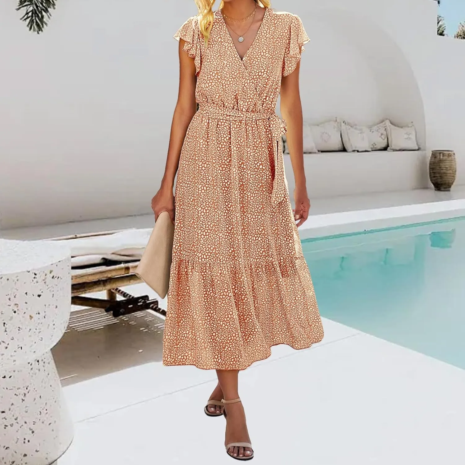 Womens Boho Dresses Summer Lightweight V Neck Ruffle Short Midi Dress Flowy Lace Up Tunic Floral Ruffle Hem Dresses