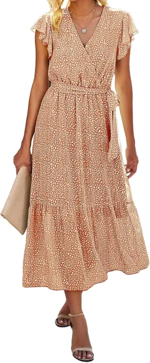Womens Boho Dresses Summer Lightweight V Neck Ruffle Short Midi Dress Flowy Lace Up Tunic Floral Ruffle Hem Dresses