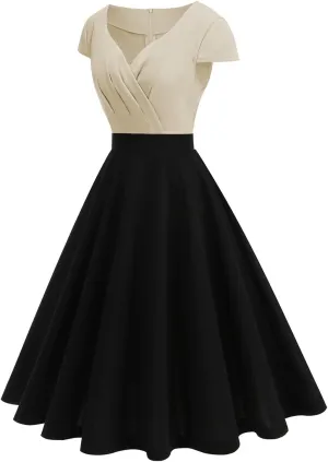 Women's Cap Sleeve Swing A Line Vintage 1950s Cocktail Dress Retro Midi Pleated Dresses 60s Elegant Evening Prom Gowns