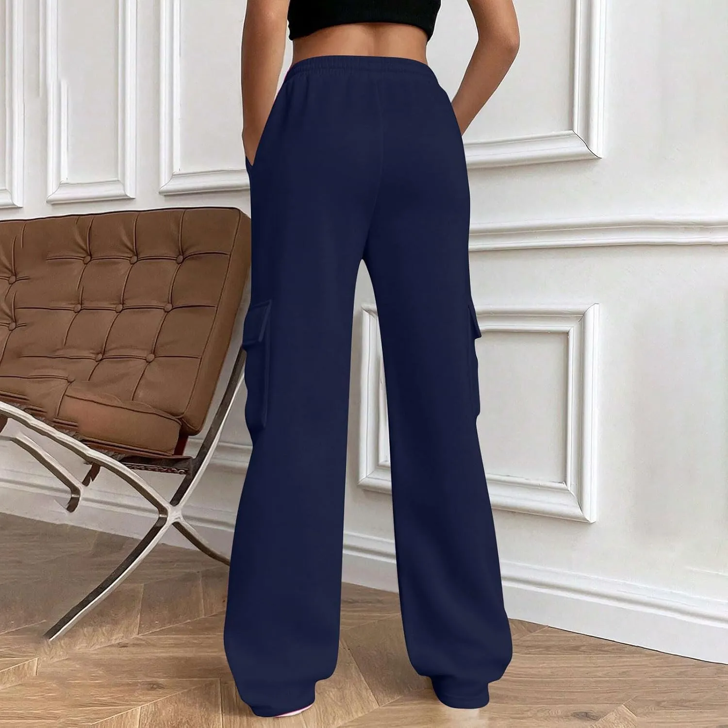 Womens Cargo Sweatpants Casual Baggy Fleece Trousers High Waisted Drawstring Joggers Pants with Pockets