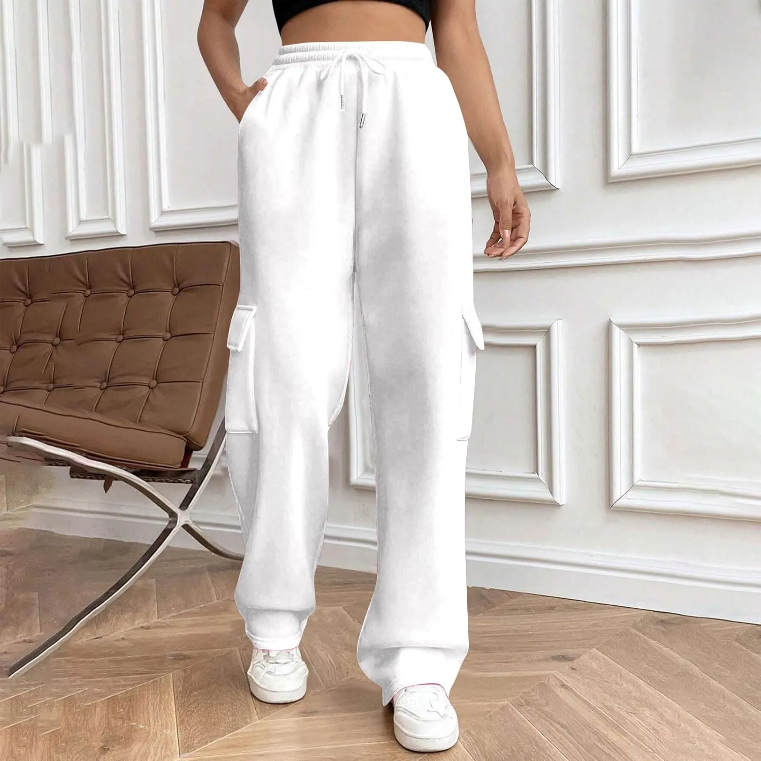 Womens Cargo Sweatpants Casual Baggy Fleece Trousers High Waisted Drawstring Joggers Pants with Pockets
