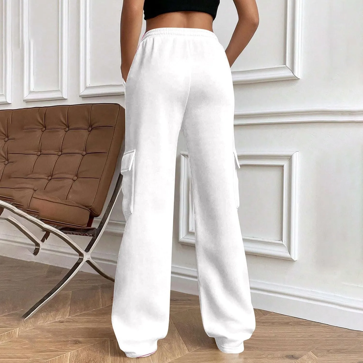 Womens Cargo Sweatpants Casual Baggy Fleece Trousers High Waisted Drawstring Joggers Pants with Pockets