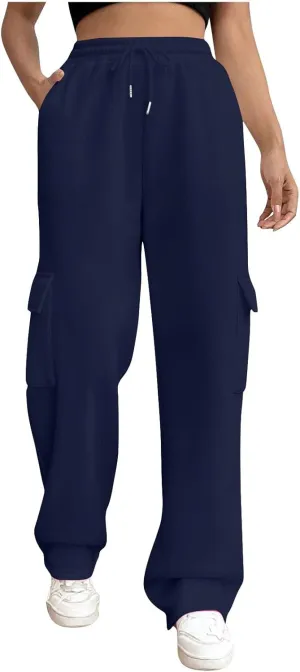 Womens Cargo Sweatpants Casual Baggy Fleece Trousers High Waisted Drawstring Joggers Pants with Pockets