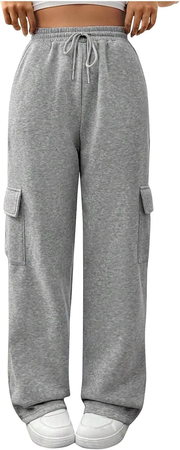 Womens Cargo Sweatpants Casual Baggy Fleece Trousers High Waisted Drawstring Joggers Pants with Pockets
