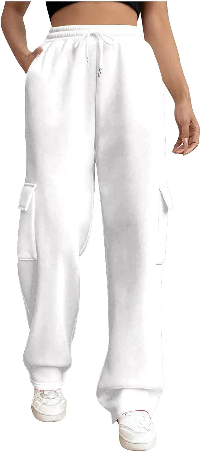 Womens Cargo Sweatpants Casual Baggy Fleece Trousers High Waisted Drawstring Joggers Pants with Pockets