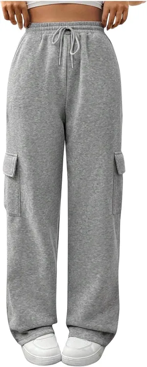Womens Cargo Sweatpants Casual Baggy Fleece Trousers High Waisted Drawstring Joggers Pants with Pockets