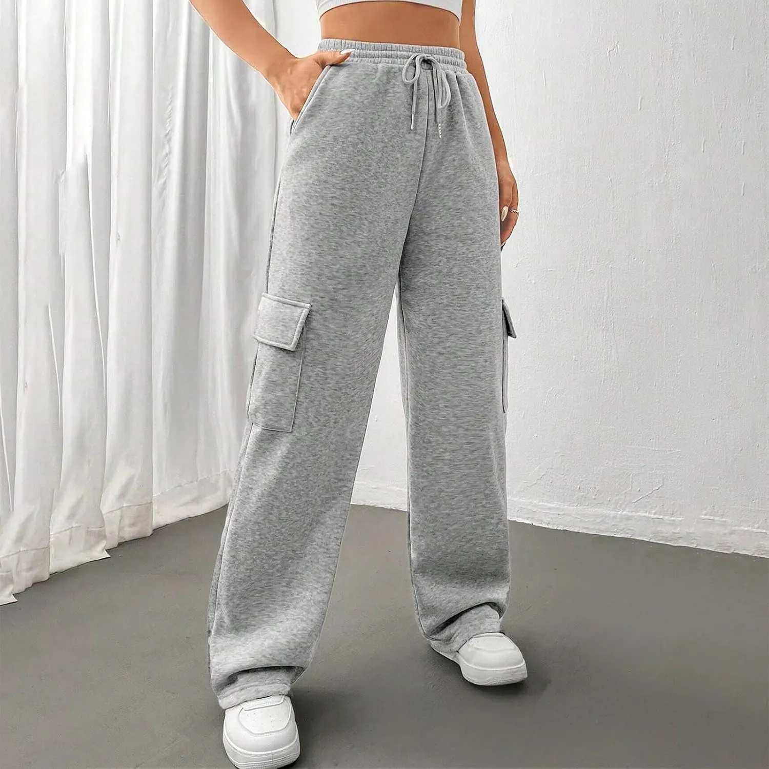 Womens Cargo Sweatpants Casual Baggy Fleece Trousers High Waisted Drawstring Joggers Pants with Pockets
