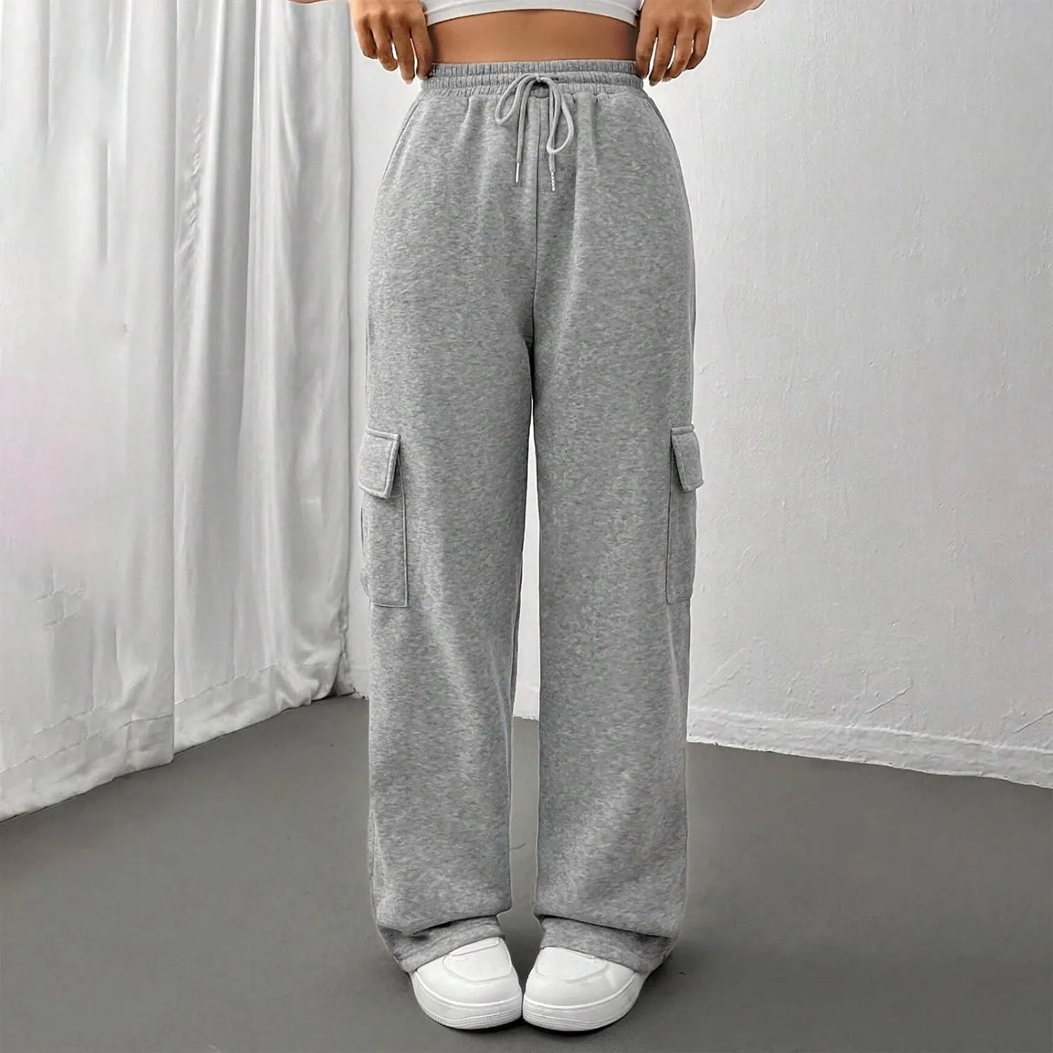 Womens Cargo Sweatpants Casual Baggy Fleece Trousers High Waisted Drawstring Joggers Pants with Pockets
