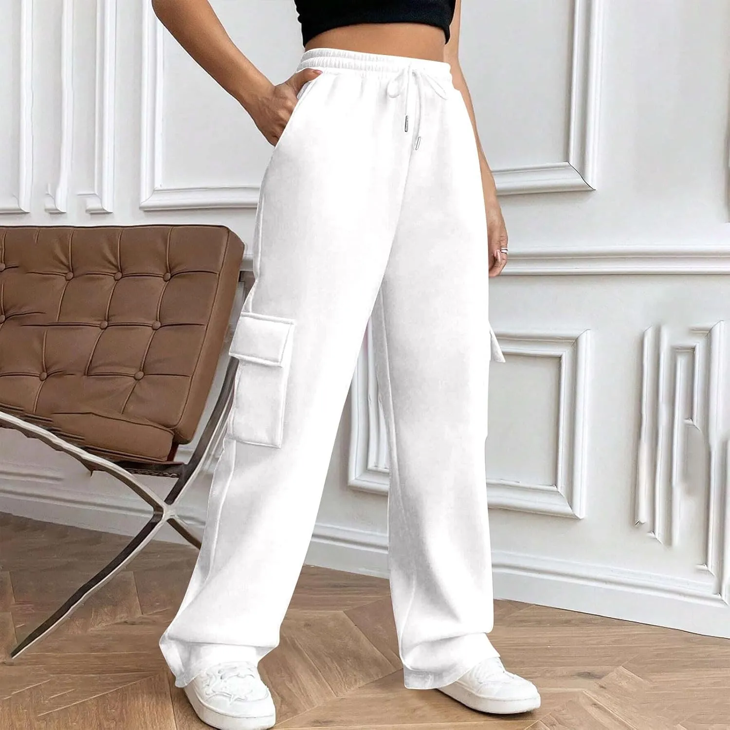 Womens Cargo Sweatpants Casual Baggy Fleece Trousers High Waisted Drawstring Joggers Pants with Pockets