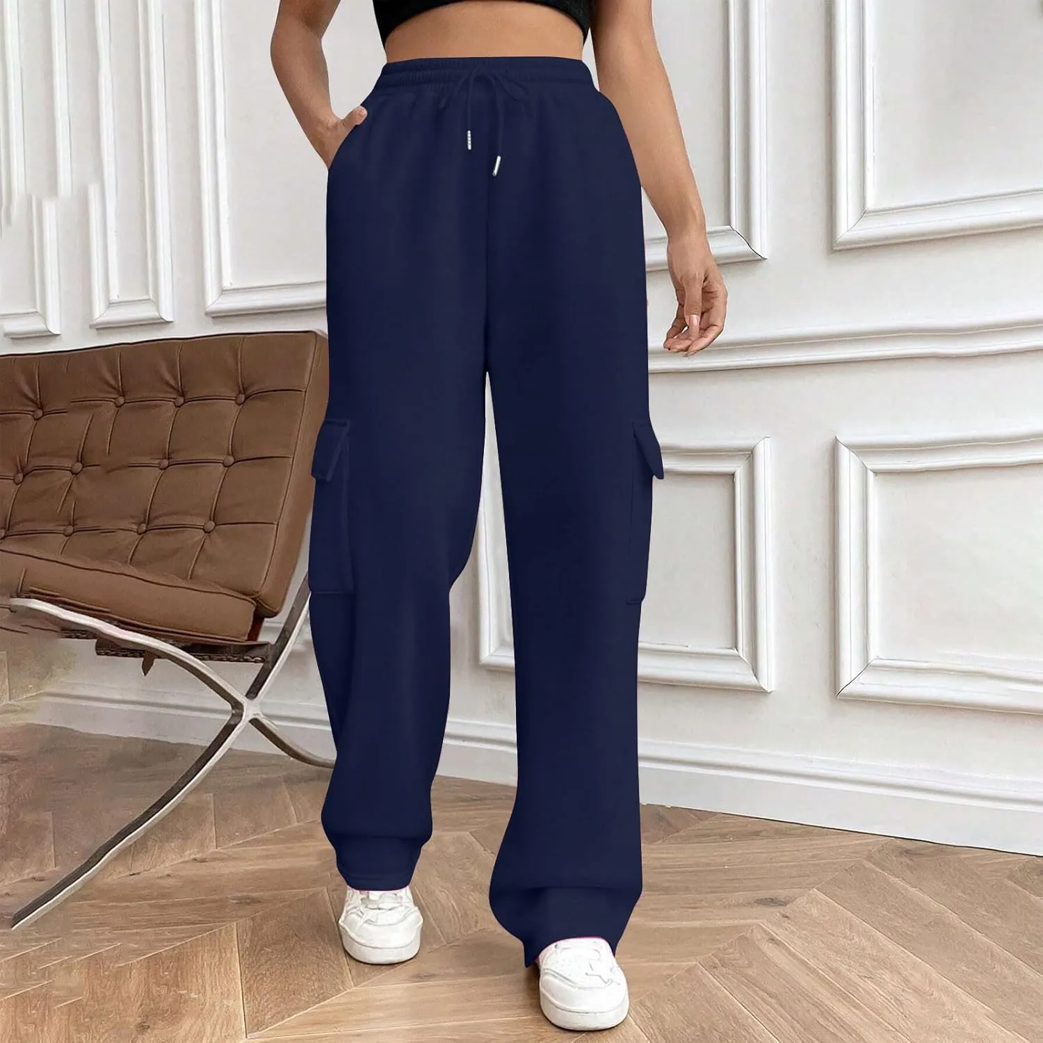 Womens Cargo Sweatpants Casual Baggy Fleece Trousers High Waisted Drawstring Joggers Pants with Pockets