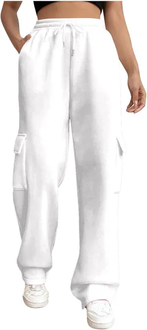 Womens Cargo Sweatpants Casual Baggy Fleece Trousers High Waisted Drawstring Joggers Pants with Pockets