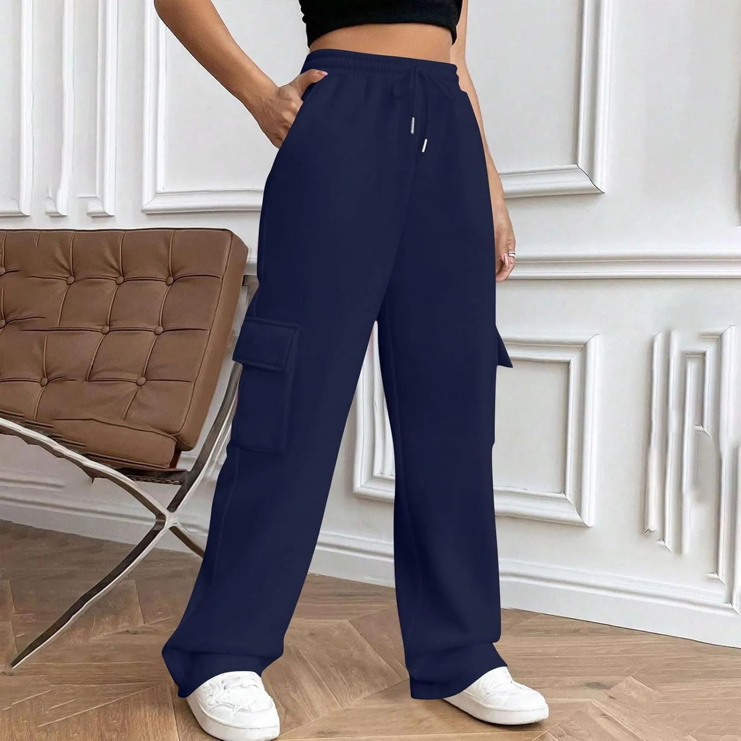 Womens Cargo Sweatpants Casual Baggy Fleece Trousers High Waisted Drawstring Joggers Pants with Pockets