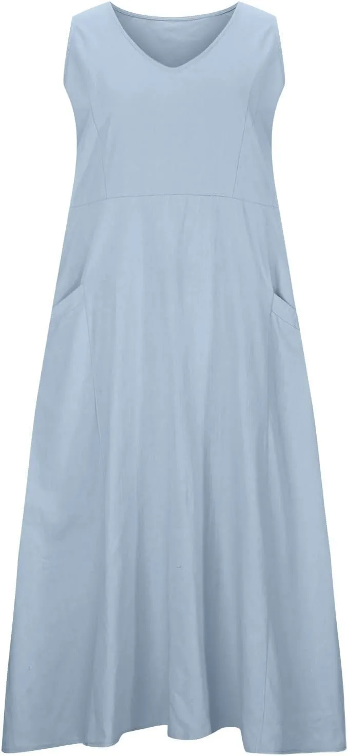 Women's Casual Dresses Trendy 2024 Cotton Linen Sleeveless Midi Tank Dresses Maxi T-Shirts Sundresses with Pockets