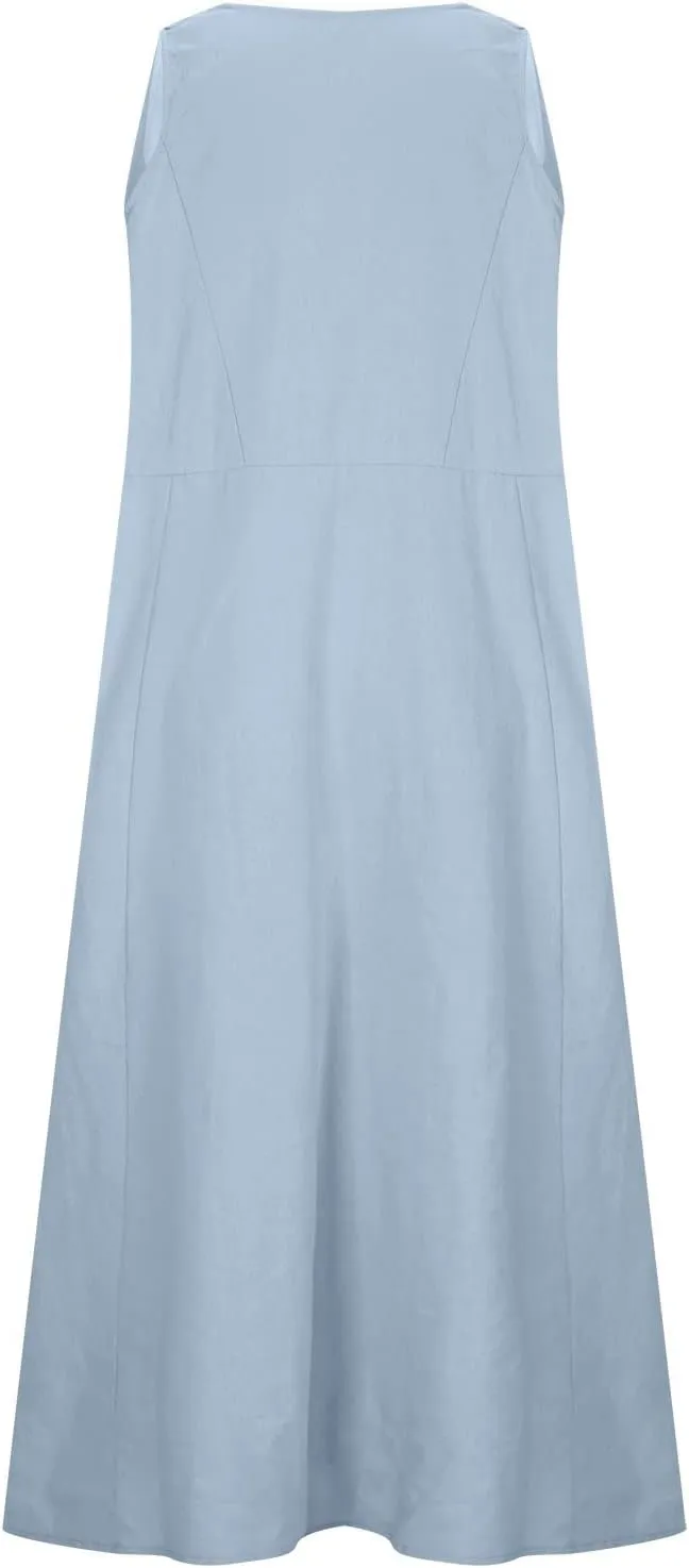 Women's Casual Dresses Trendy 2024 Cotton Linen Sleeveless Midi Tank Dresses Maxi T-Shirts Sundresses with Pockets