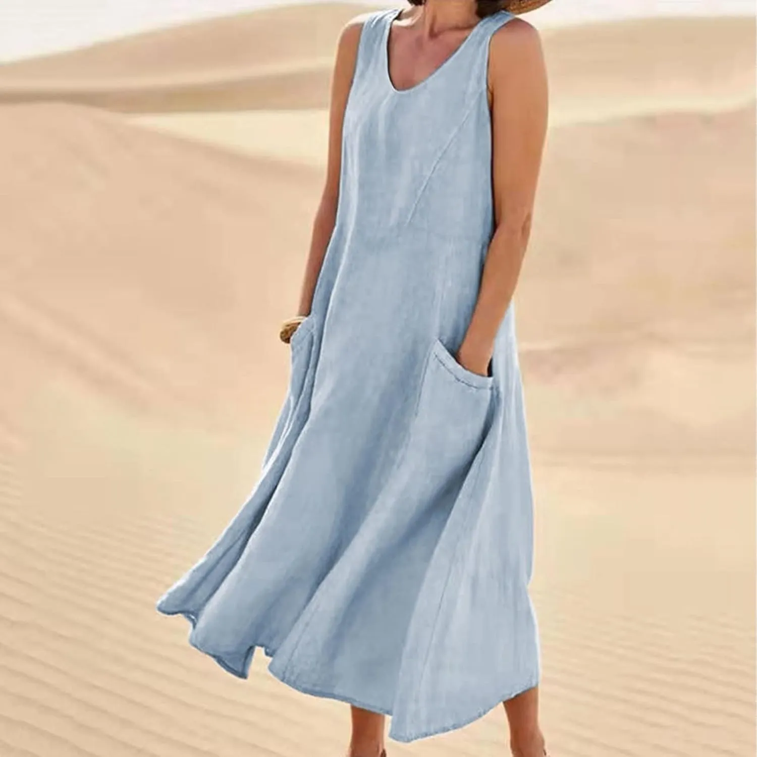 Women's Casual Dresses Trendy 2024 Cotton Linen Sleeveless Midi Tank Dresses Maxi T-Shirts Sundresses with Pockets