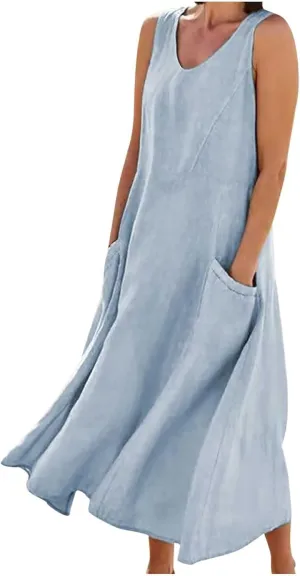 Women's Casual Dresses Trendy 2024 Cotton Linen Sleeveless Midi Tank Dresses Maxi T-Shirts Sundresses with Pockets