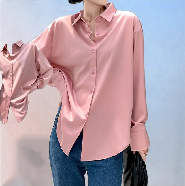 Women's Long-sleeved Satin Shirt - GlamzLife