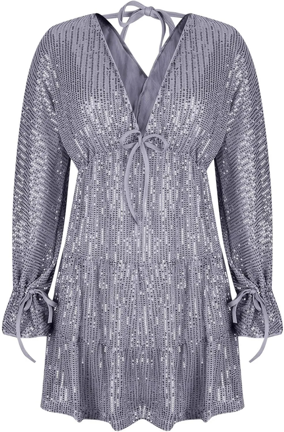 Women's Sequin Sparkly Glitter Dress Sexy V Neck Ruffle Long Sleeve Mini Dress Elegant Party Club Dress
