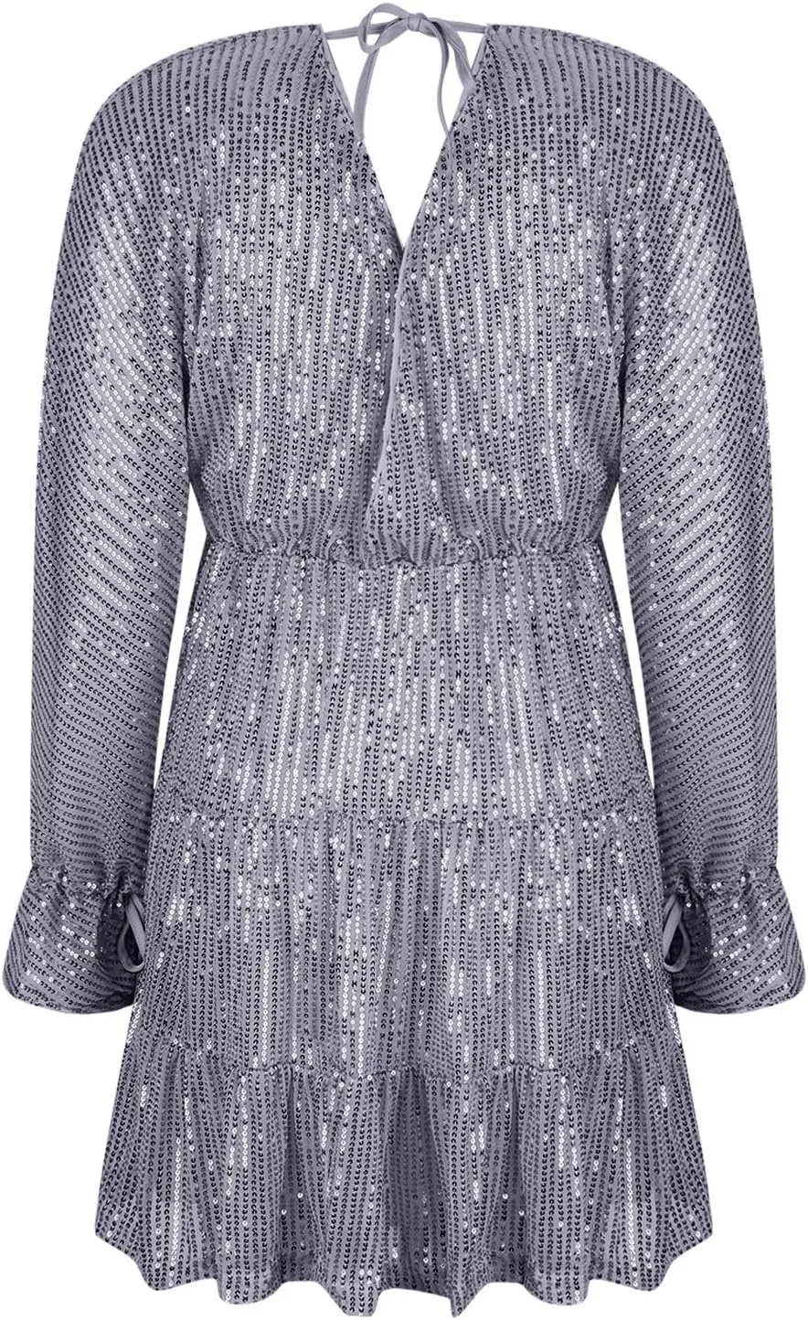 Women's Sequin Sparkly Glitter Dress Sexy V Neck Ruffle Long Sleeve Mini Dress Elegant Party Club Dress