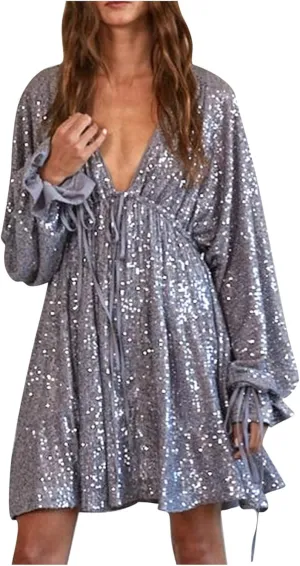 Women's Sequin Sparkly Glitter Dress Sexy V Neck Ruffle Long Sleeve Mini Dress Elegant Party Club Dress