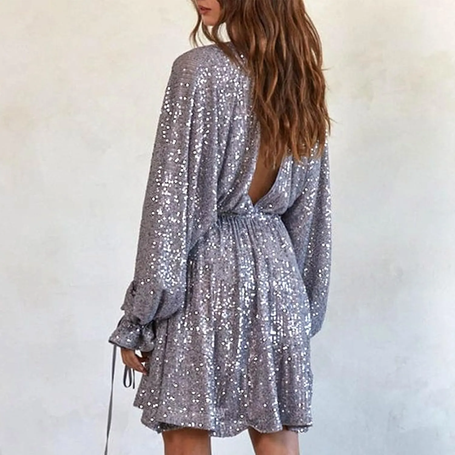 Women's Sequin Sparkly Glitter Dress Sexy V Neck Ruffle Long Sleeve Mini Dress Elegant Party Club Dress
