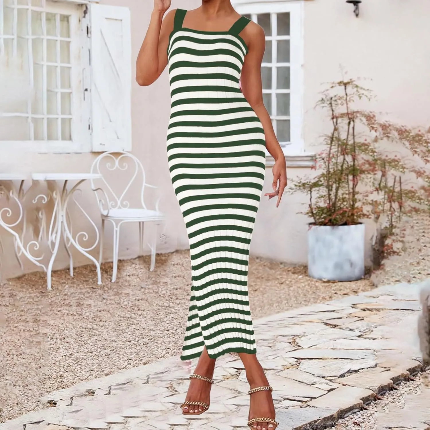 Women's Summer Dress Sleeveless Spaghetti Strap Striped Maxi Dress Casual Party Dresses Beach Long Dress