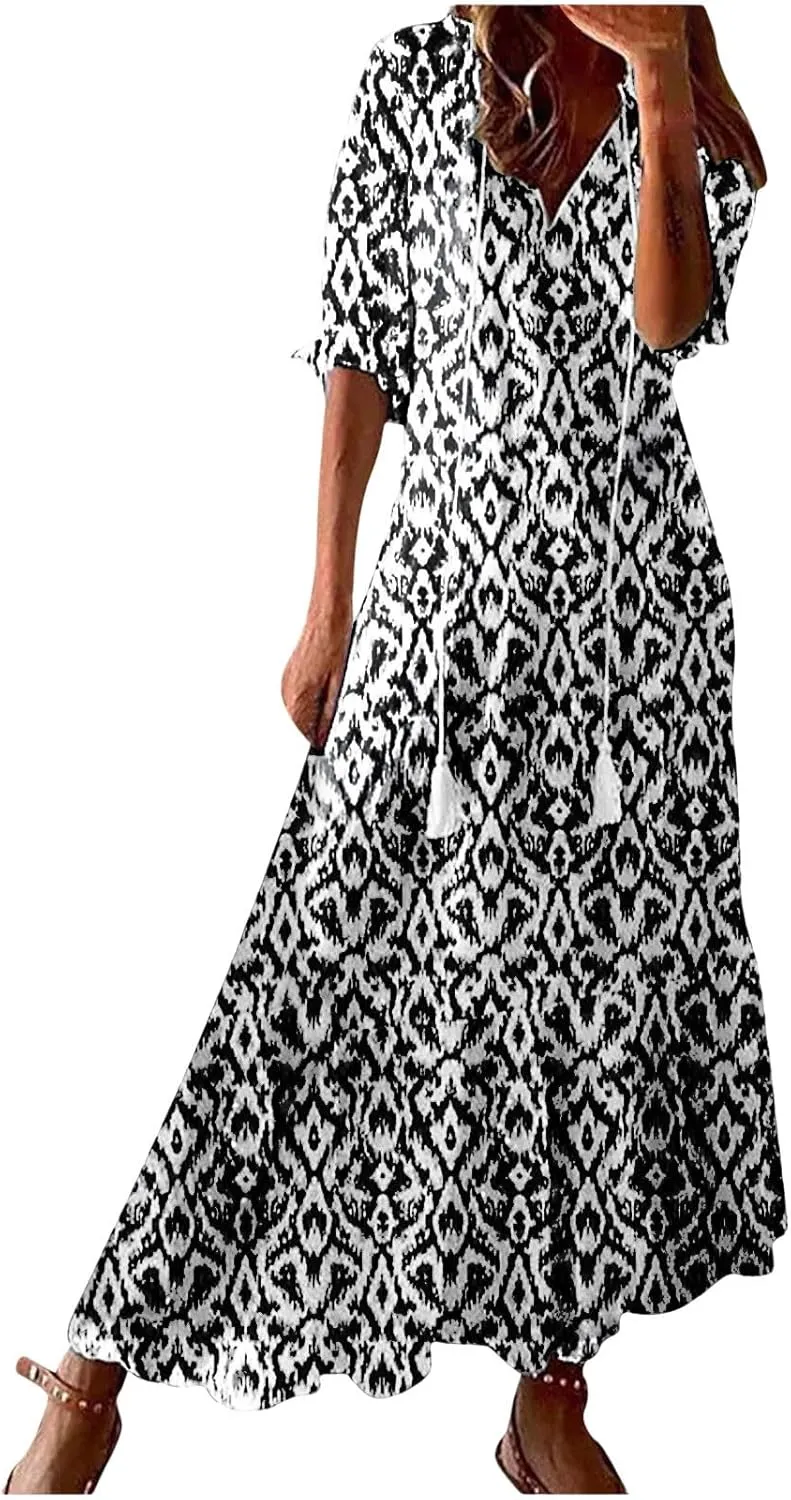 Womens Summer Dresses Short Sleeve Boho Graphic Print Maxi Dresses Loose Casual Flowy Beach Sundresses
