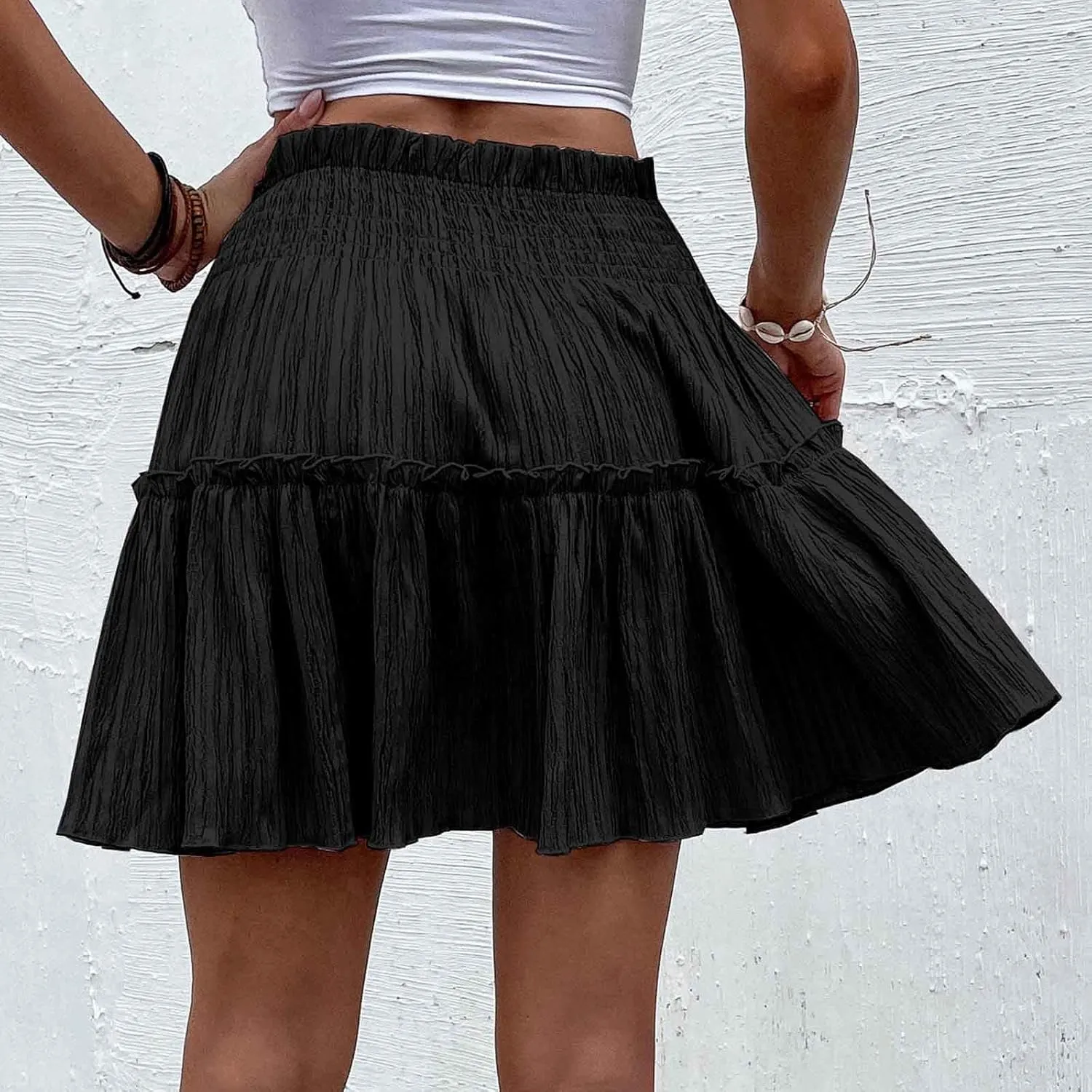 Women's Summer Solid Color Large Hem Body-Half Skirt Elastic High Waist Loose Fit Casual Pleated Short Skirt 2025
