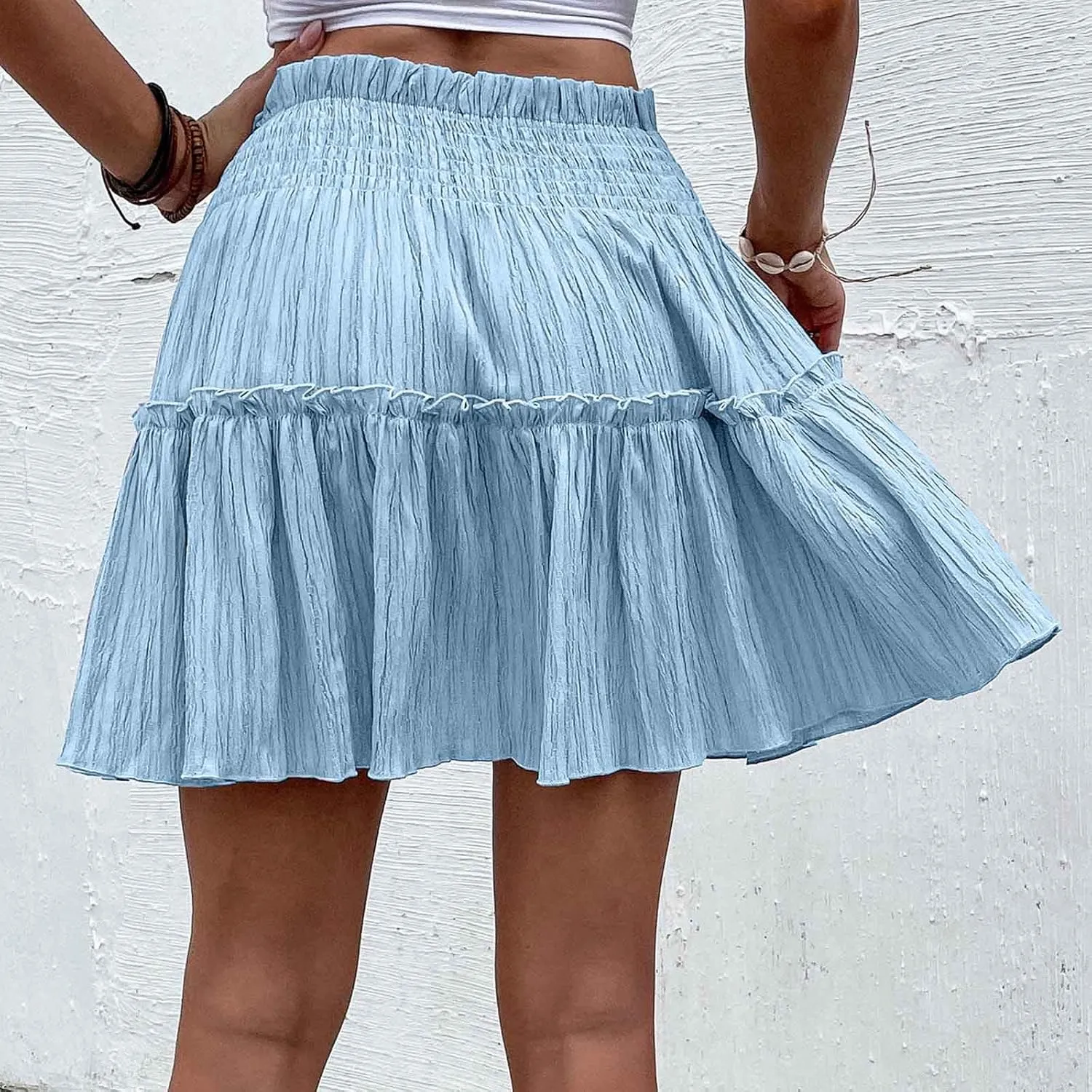 Women's Summer Solid Color Large Hem Body-Half Skirt Elastic High Waist Loose Fit Casual Pleated Short Skirt 2025