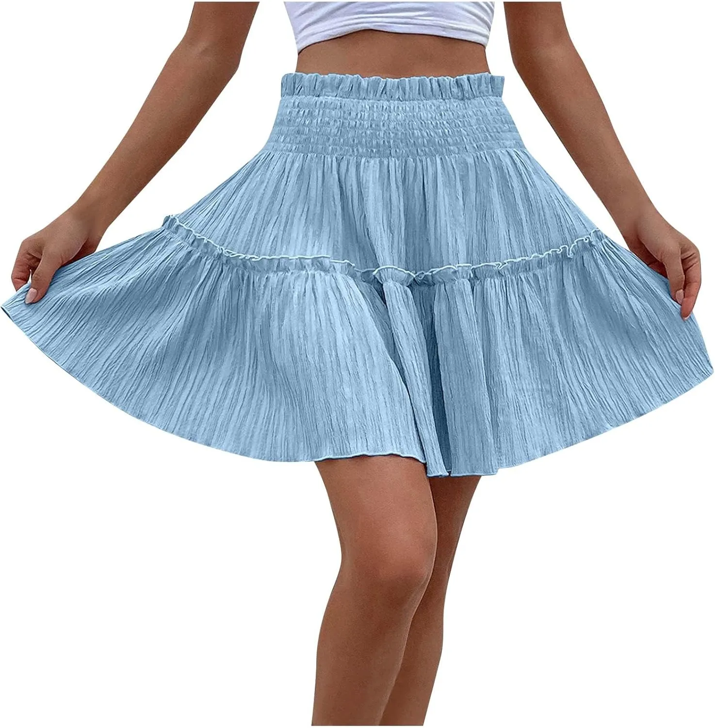 Women's Summer Solid Color Large Hem Body-Half Skirt Elastic High Waist Loose Fit Casual Pleated Short Skirt 2025