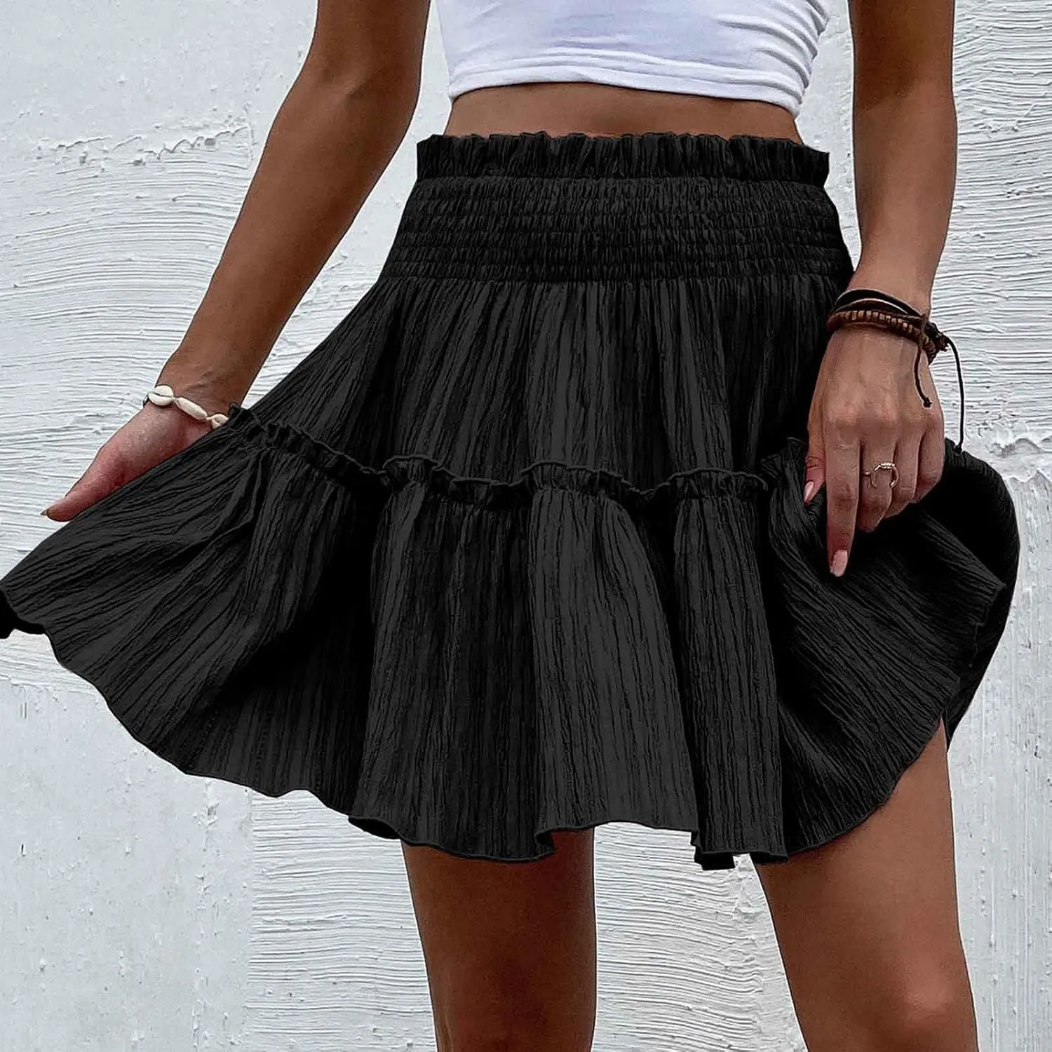 Women's Summer Solid Color Large Hem Body-Half Skirt Elastic High Waist Loose Fit Casual Pleated Short Skirt 2025