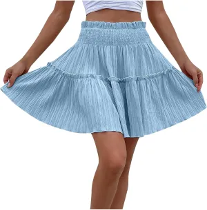 Women's Summer Solid Color Large Hem Body-Half Skirt Elastic High Waist Loose Fit Casual Pleated Short Skirt 2025