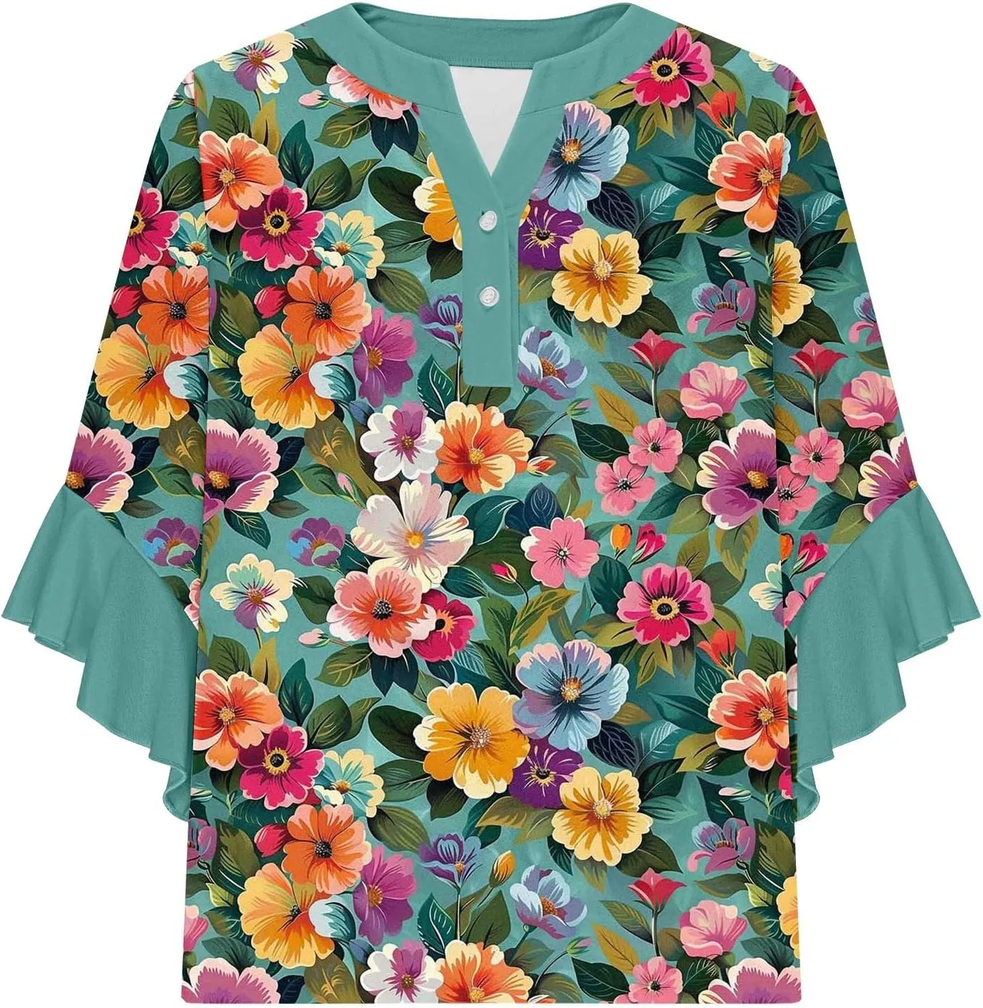 Womens Tops 3/4 Length Sleeves Floral Shirts Flowy Ruffle Sleeve Tops Half Button Down Shirt Summer V Neck Blouse