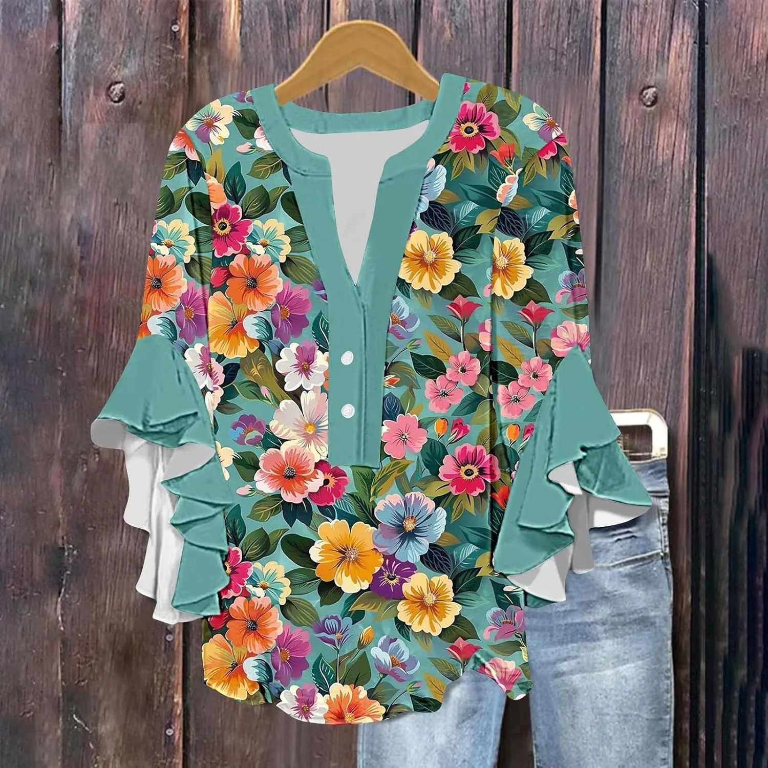 Womens Tops 3/4 Length Sleeves Floral Shirts Flowy Ruffle Sleeve Tops Half Button Down Shirt Summer V Neck Blouse