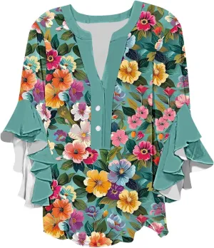 Womens Tops 3/4 Length Sleeves Floral Shirts Flowy Ruffle Sleeve Tops Half Button Down Shirt Summer V Neck Blouse