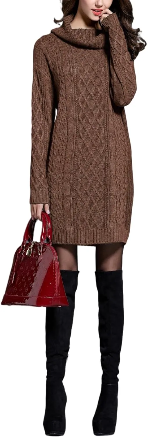 Women's Turtleneck Cable Knit Sweater Dress Long Sleeve Mini Dress Casual Fall & Winter Dress 2025