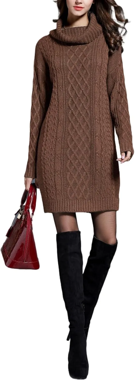 Women's Turtleneck Cable Knit Sweater Dress Long Sleeve Mini Dress Casual Fall & Winter Dress 2025