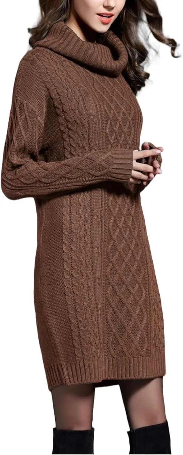 Women's Turtleneck Cable Knit Sweater Dress Long Sleeve Mini Dress Casual Fall & Winter Dress 2025