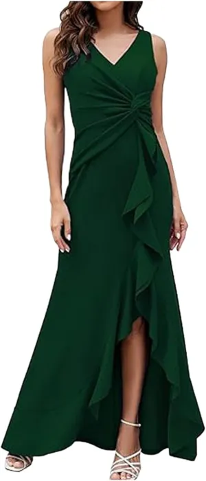 Women's Wrap V Neck Long Formal Dress Sleeveless Ruched Bodycon Split Elegant Wedding Guest Maxi Dresses Semi Formal Dresses