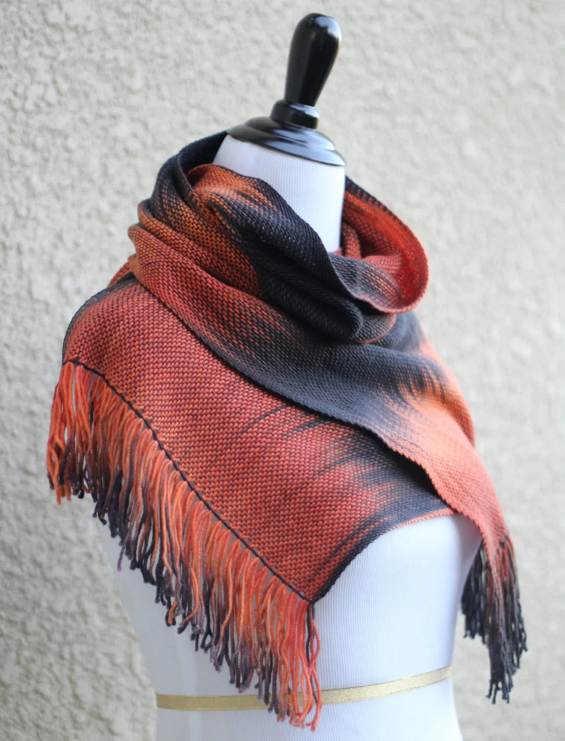 Woven scarf in black and red orange colors, gift for her