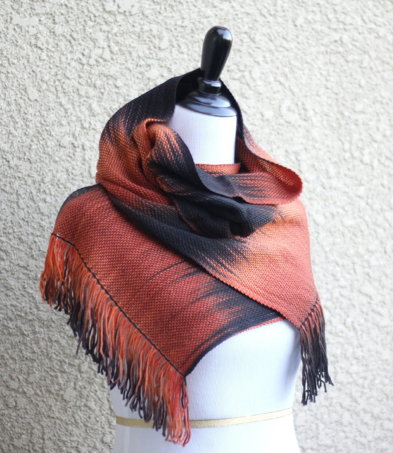 Woven scarf in black and red orange colors, gift for her