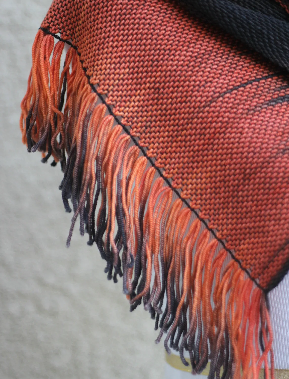 Woven scarf in black and red orange colors, gift for her