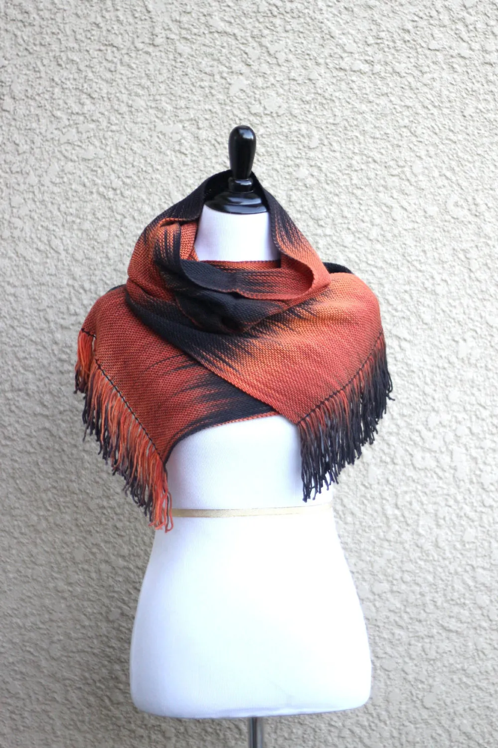 Woven scarf in black and red orange colors, gift for her